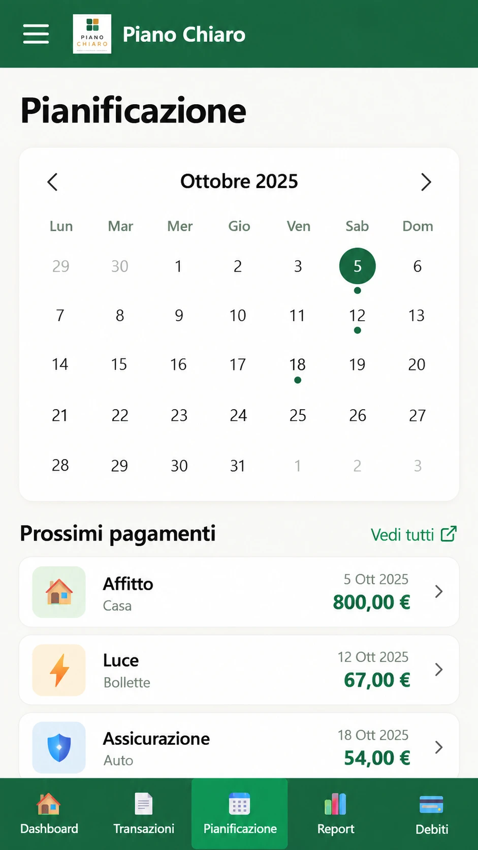 Anteprima app - Pianificazione calendario